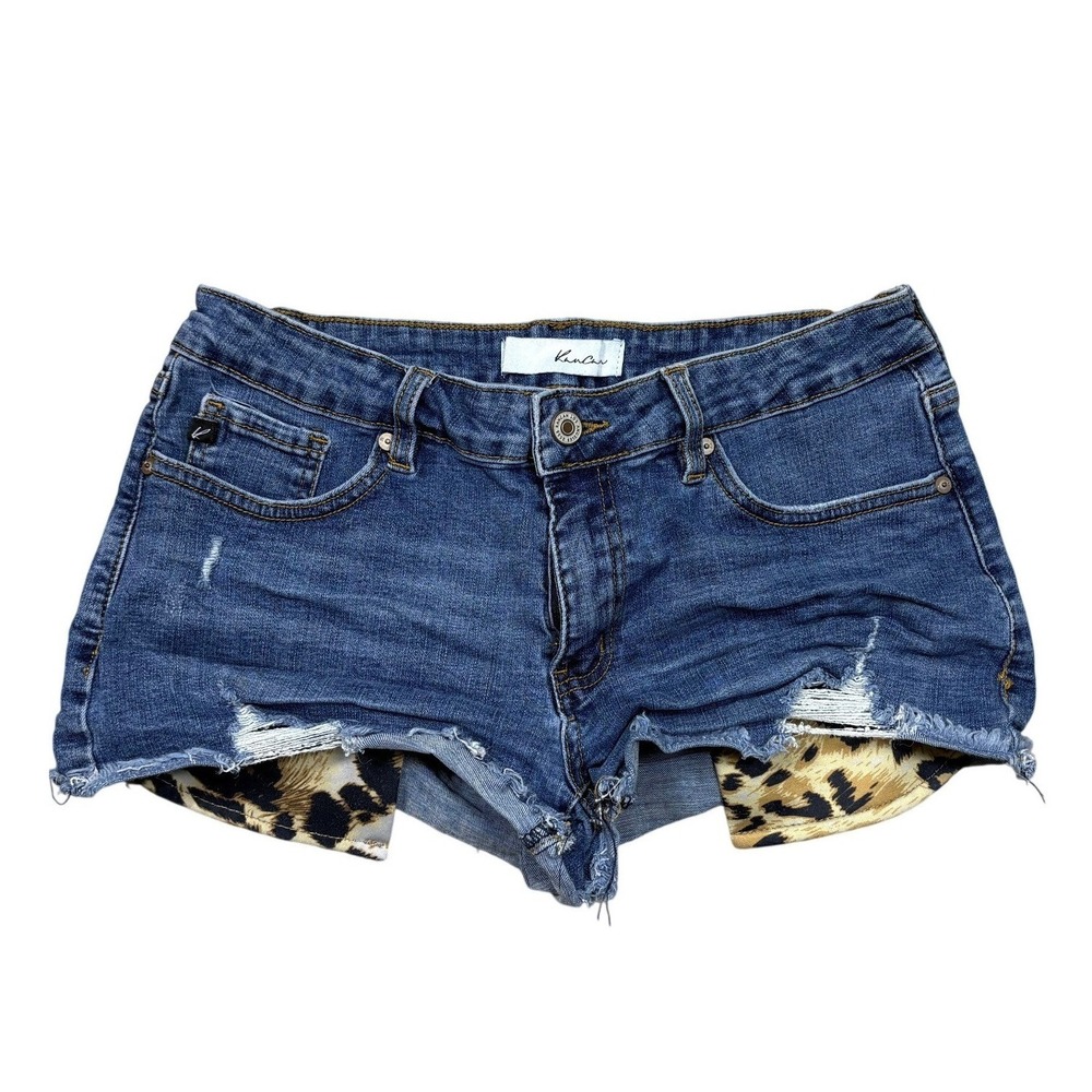 KanCan Blue Jean Shorts with Leopard Print